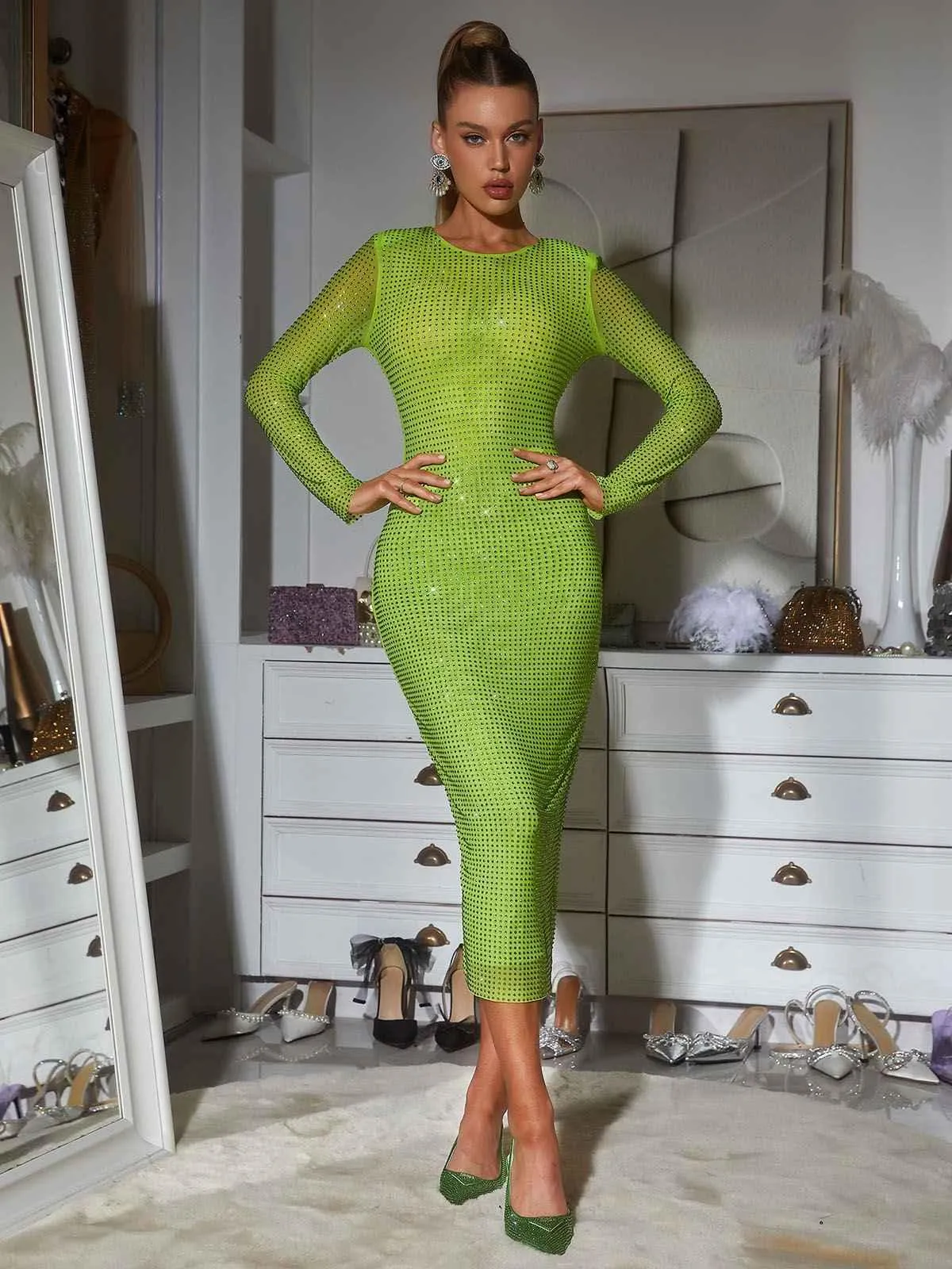 Neriah Long Sleeve Crystal Midi Dress In Green sold by Mew Mews product image thumbnail 3