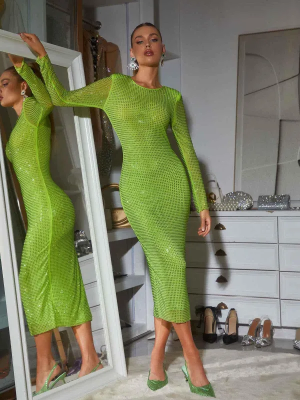 Neriah Long Sleeve Crystal Midi Dress In Green made by Mew Mews