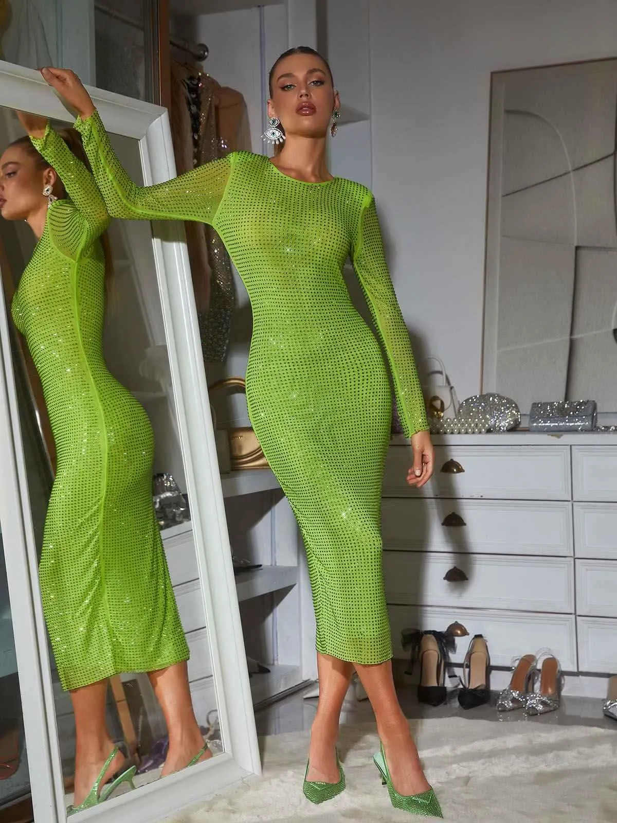Neriah Long Sleeve Crystal Midi Dress In Green sold by Mew Mews