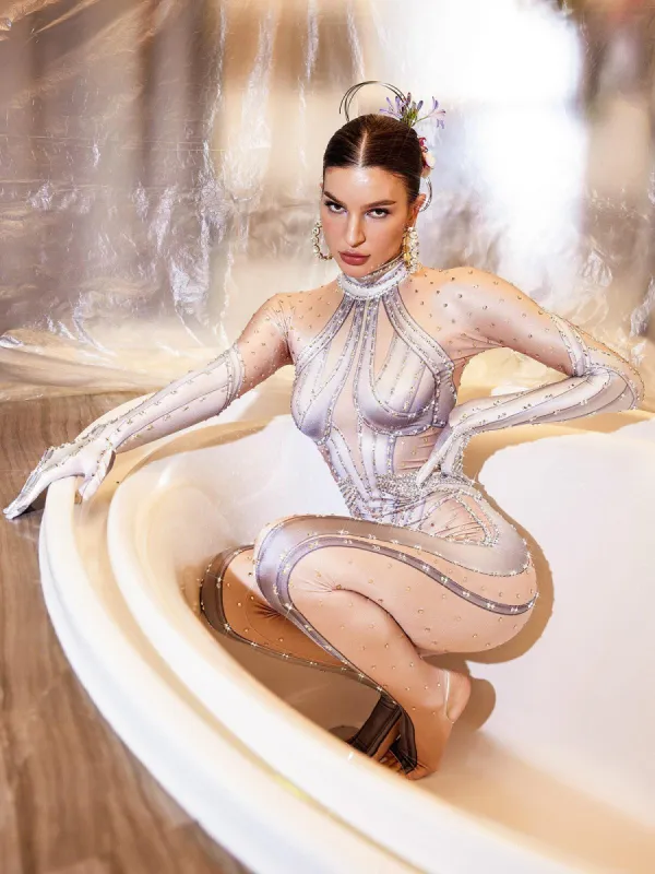 Tate Rhinestone Body Printed Gloves Jumpsuit sold by Mew Mews