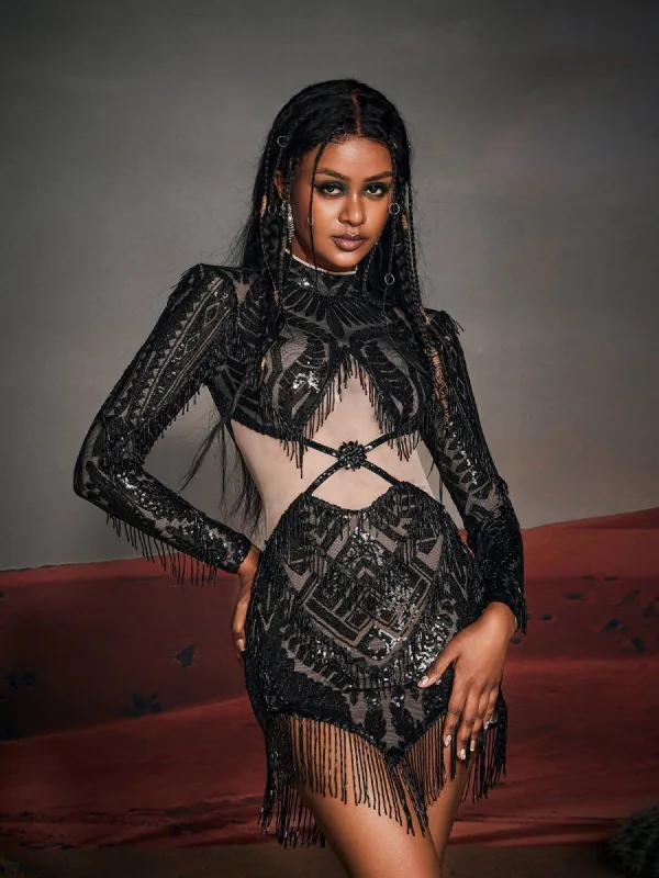 Enrique Long Sleeve Sequin Fringe Mini Dress sold by Mew Mews