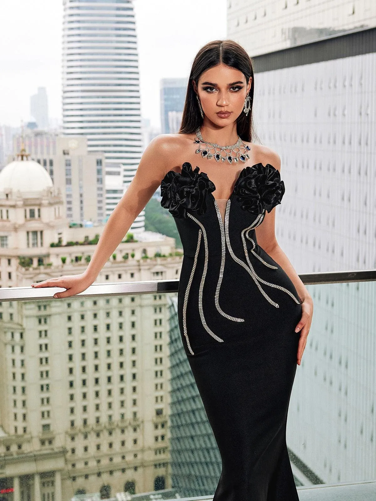 Musa Strapless Crystal Flower Bandage Dress In Black sold by Mew Mews product image thumbnail 2