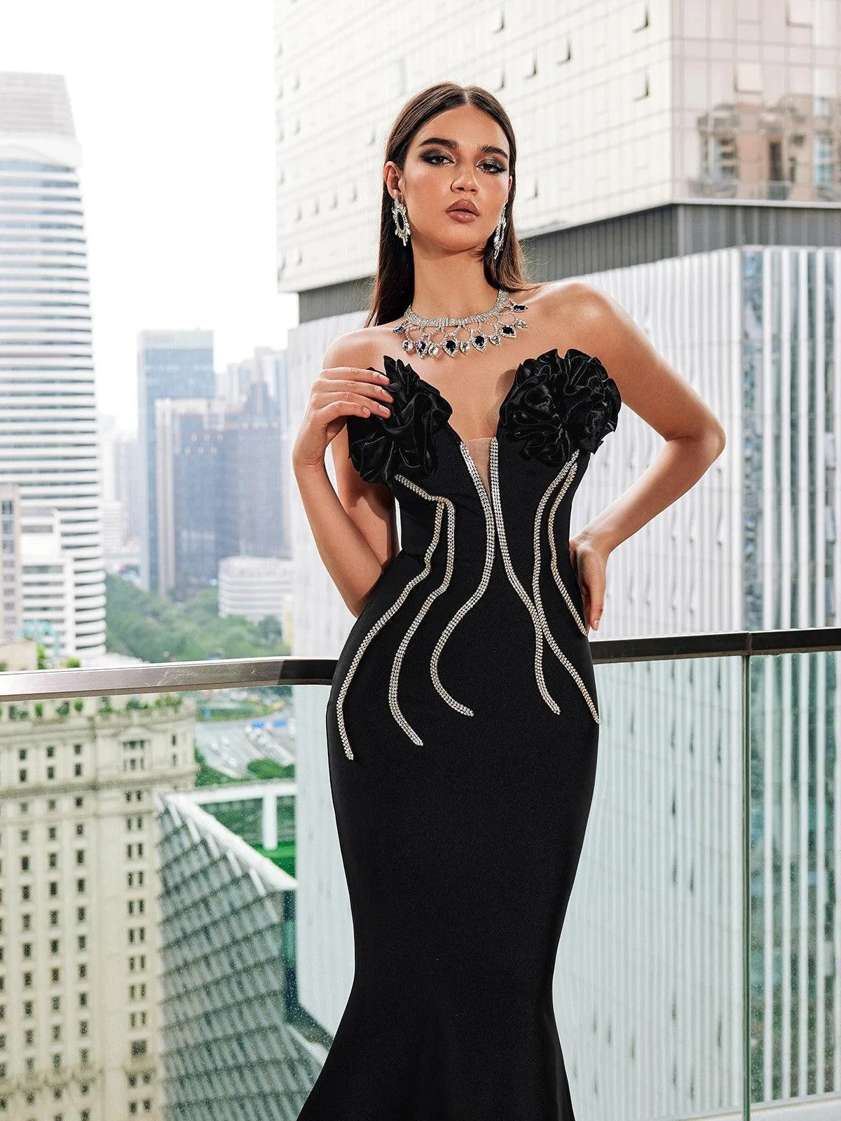 Musa Strapless Crystal Flower Bandage Dress In Black sold by Mew Mews product image thumbnail 5