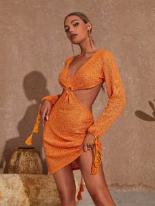 Audrey V Neck Knitted Mini Dress In Orange sold by Mew Mews