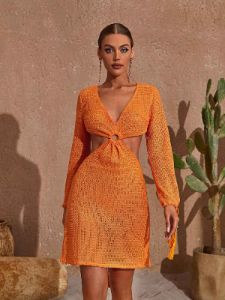 Audrey V Neck Knitted Mini Dress In Orange sold by Mew Mews