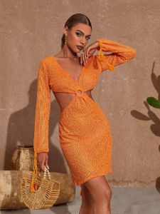 Audrey V Neck Knitted Mini Dress In Orange sold by Mew Mews