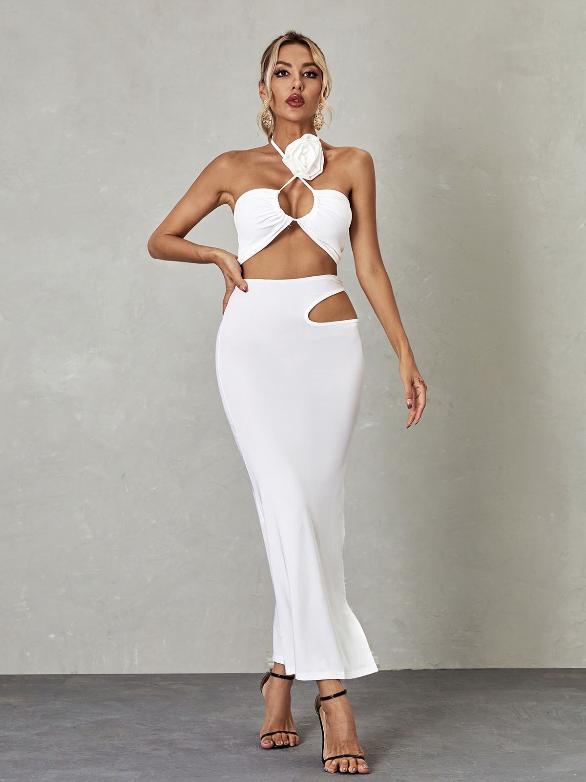 Odilia Halterneck Cutout Split Set In White sold by Mew Mews
