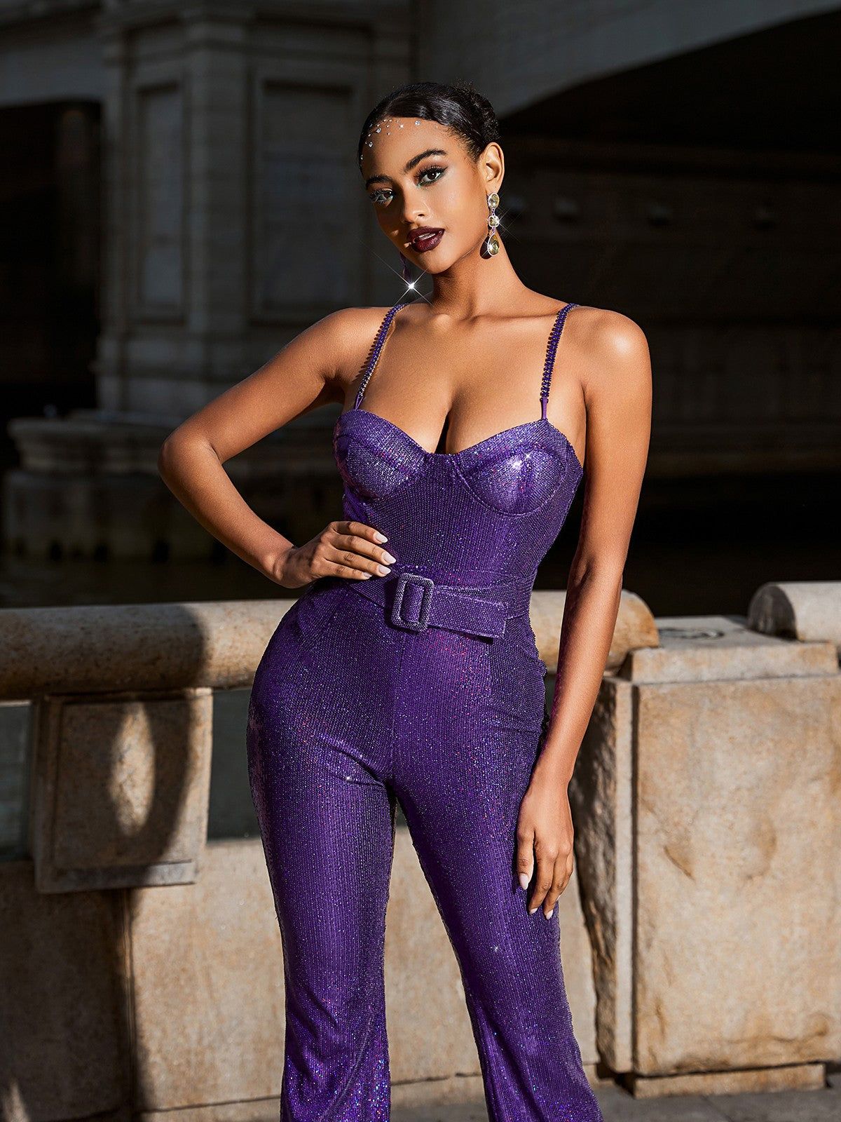 Davian Spaghetti Sequin Belted Jumpsuit In Purple sold by Mew Mews product image thumbnail 2