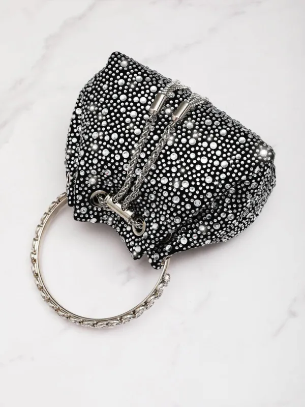 Mattea Crystal Embellished Bucket Bag In Black sold by Mew Mews