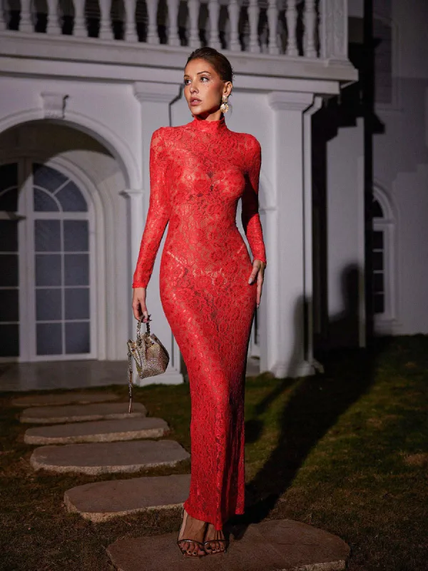 Damien Long Sleeve Lace Maxi Dress In Red made by Mew Mews