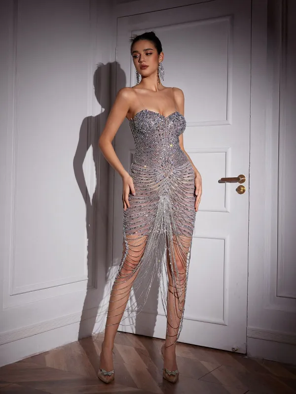 Nyra Crystal Chain Wrapped Mini Dress sold by Mew Mews