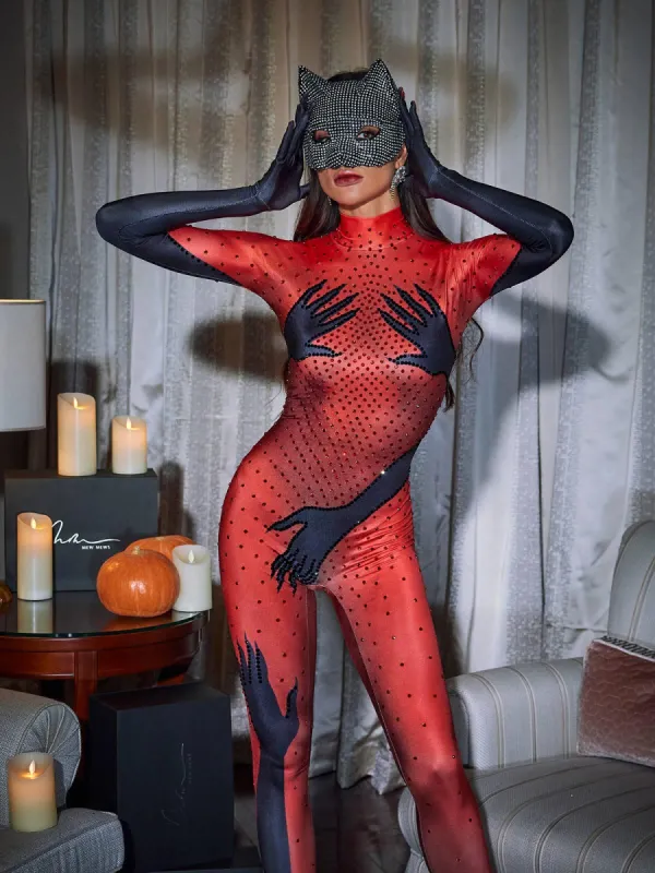 Esau Hands Printed Rhinestone Gloves Jumpsuit In Red sold by Mew Mews