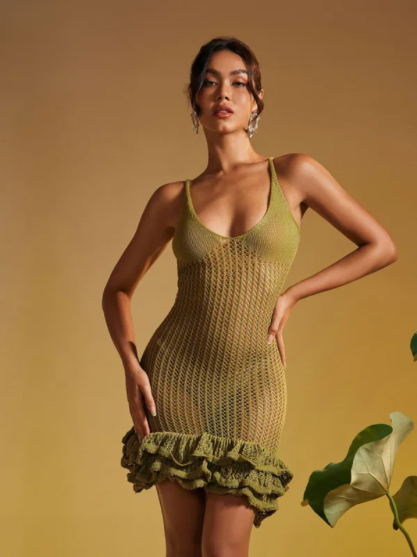Kiki V Neck Ruffle Hollow Knitted Mini Dress sold by Mew Mews