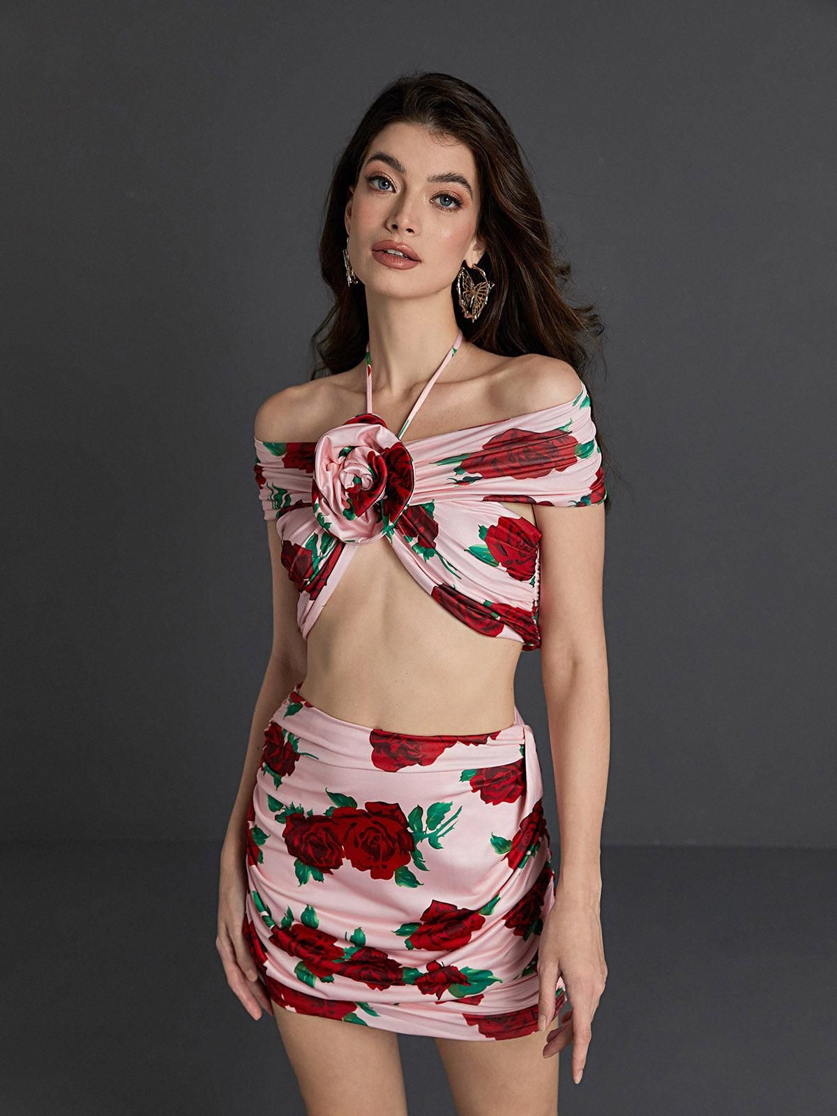 Dee Halterneck Rose Printed Skirt Set sold by Mew Mews
