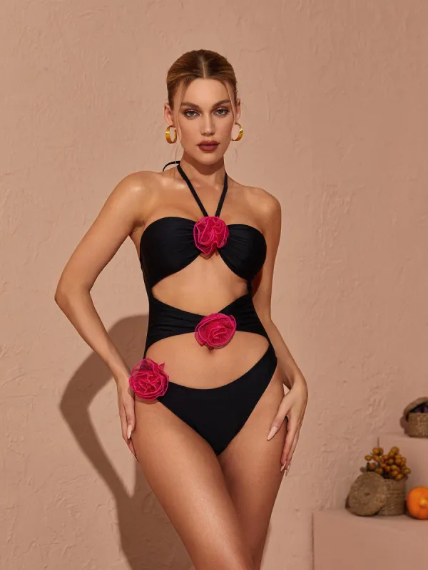 Addy Halterneck Cutout Embellished Swimsuit In Black sold by Mew Mews