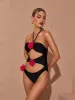 Addy Halterneck Cutout Embellished Swimsuit In Black sold by Mew Mews