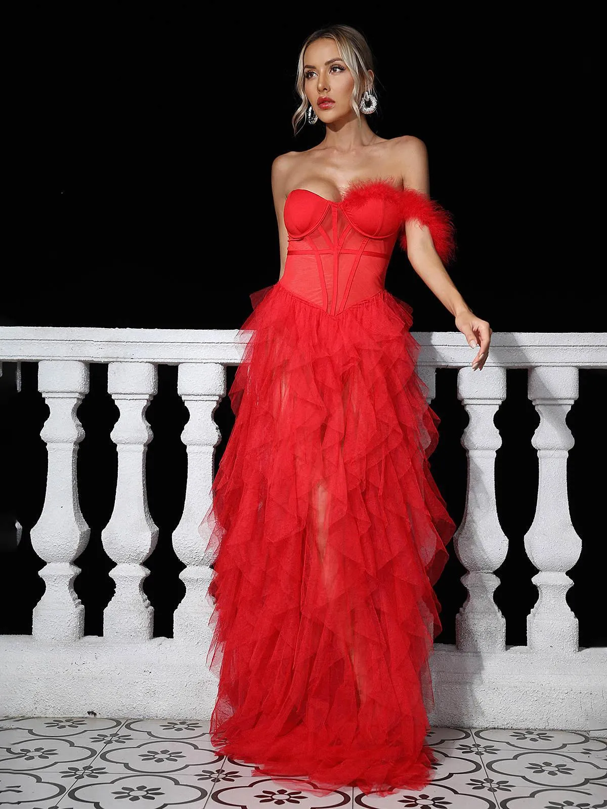 Titania One Shoulder Tulle Maxi Dress In Red sold by Mew Mews product image thumbnail 5