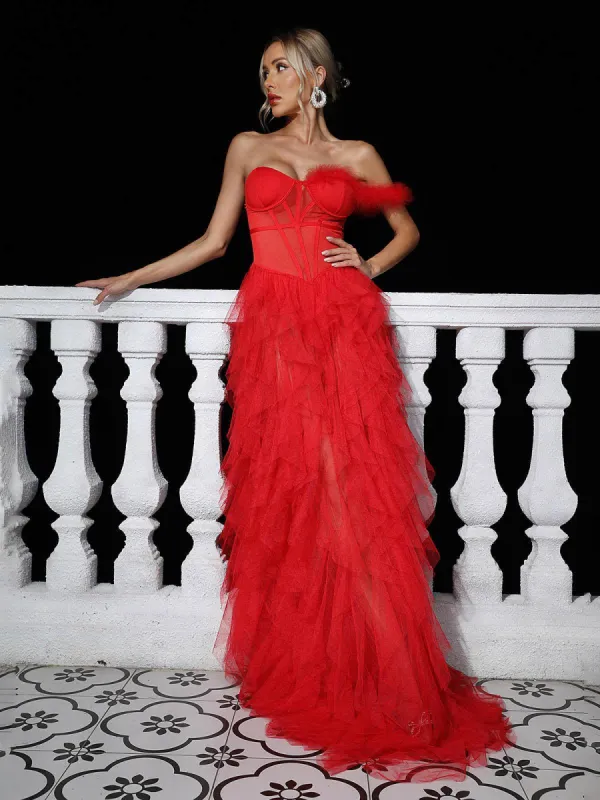 Titania One Shoulder Tulle Maxi Dress In Red sold by Mew Mews