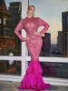 Akira Long Sleeve Rhinestone Feather Maxi Dress sold by Mew Mews