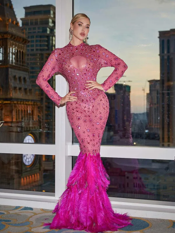 Akira Long Sleeve Rhinestone Feather Maxi Dress sold by Mew Mews