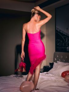 Esperanza Strapless Feather Bandage Dress In Hot Pink sold by Mew Mews