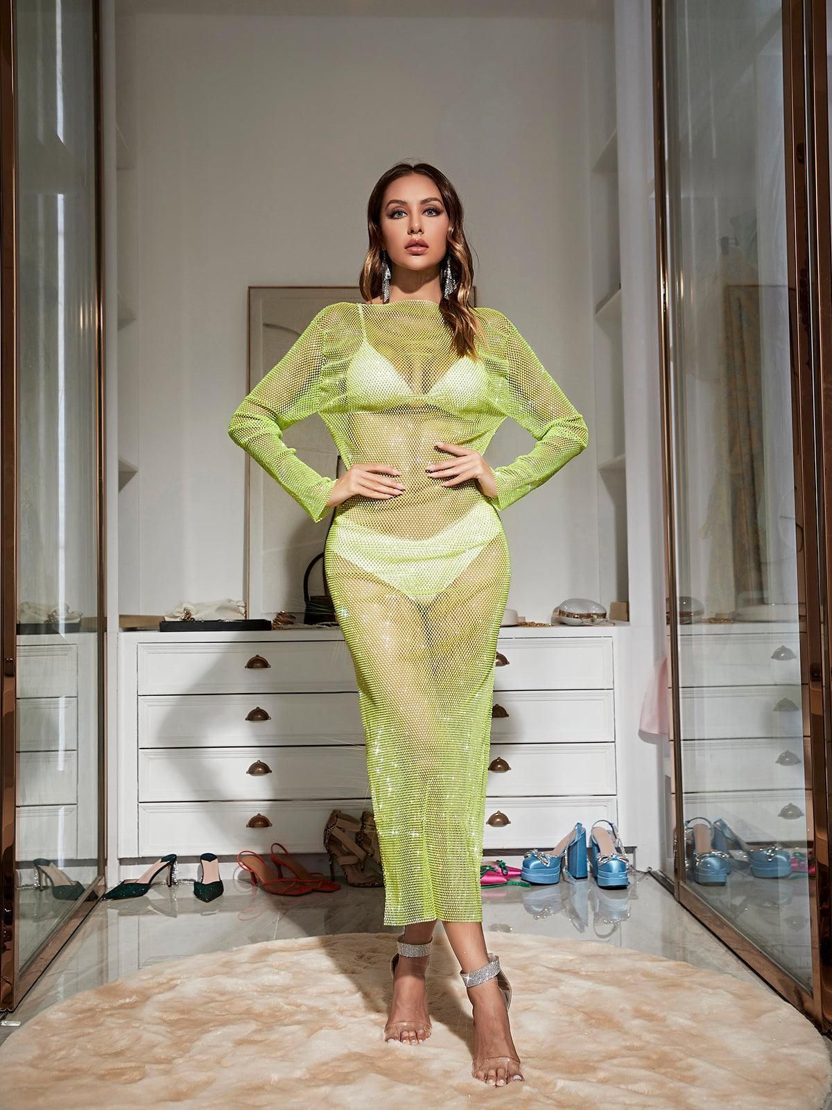 Aliza Long Sleeve Mesh Diamond Maxi Dress In Green sold by Mew Mews product image thumbnail 3