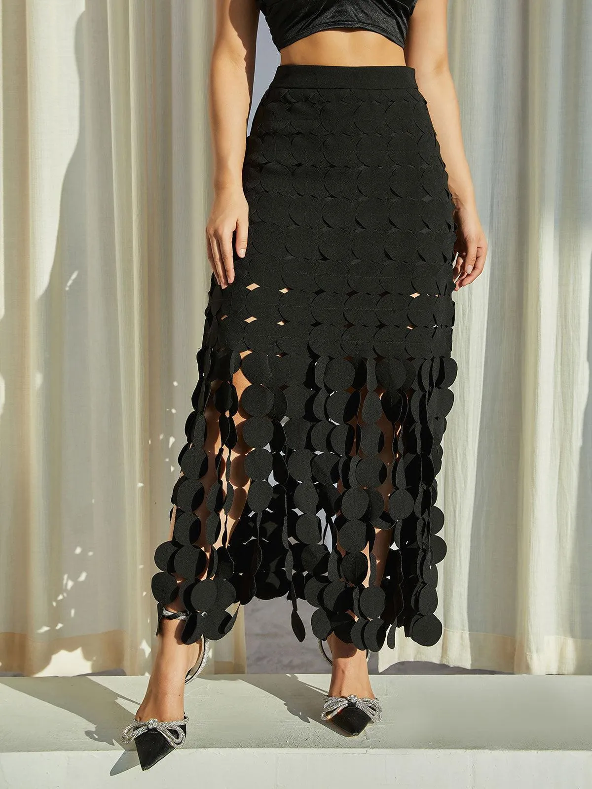 Nyx Circle Cutout Fringe Skirt In Black sold by Mew Mews product image thumbnail 5