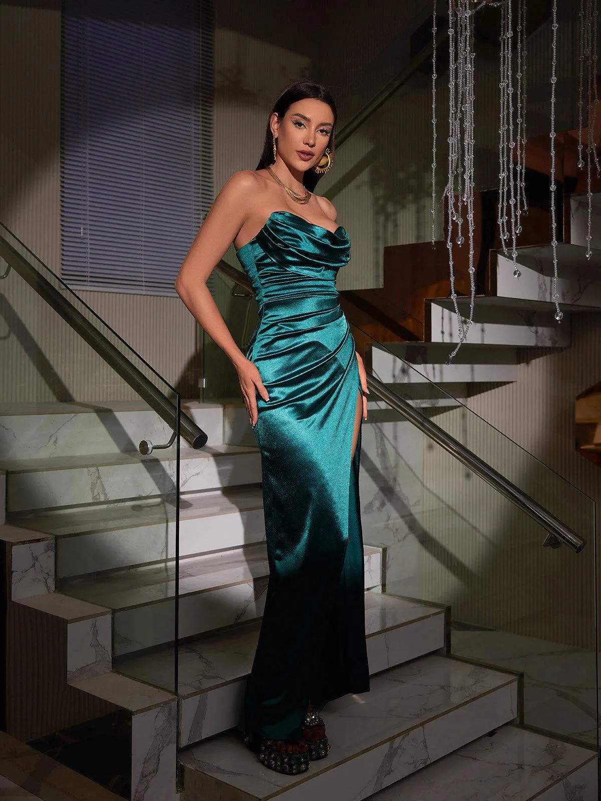 Olive Strapless Satin Split Maxi Dress sold by Mew Mews product image thumbnail 4