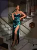 Olive Strapless Satin Split Maxi Dress sold by Mew Mews