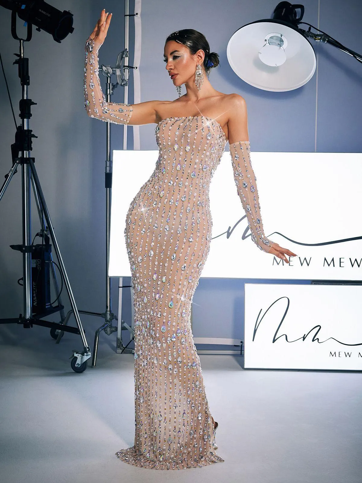 Douglas Strapless Rhinestone Maxi Dress With Gloves sold by Mew Mews