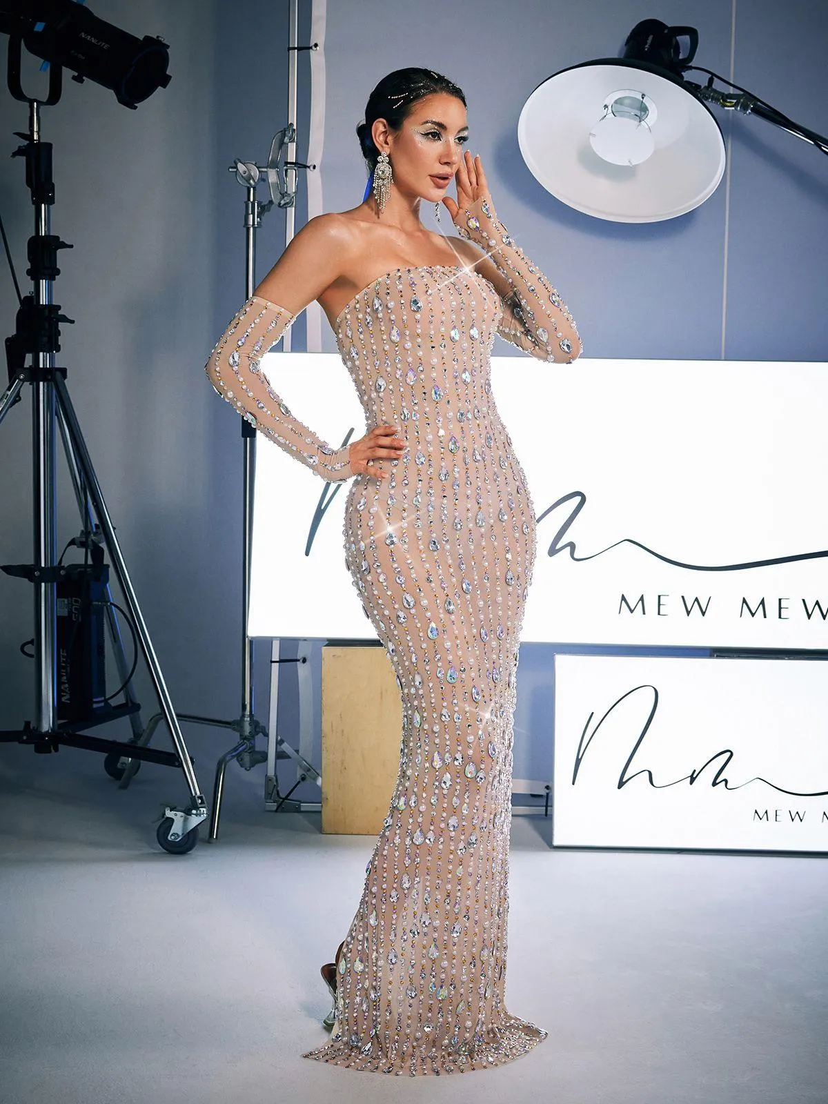 Douglas Strapless Rhinestone Maxi Dress With Gloves sold by Mew Mews product image thumbnail 4