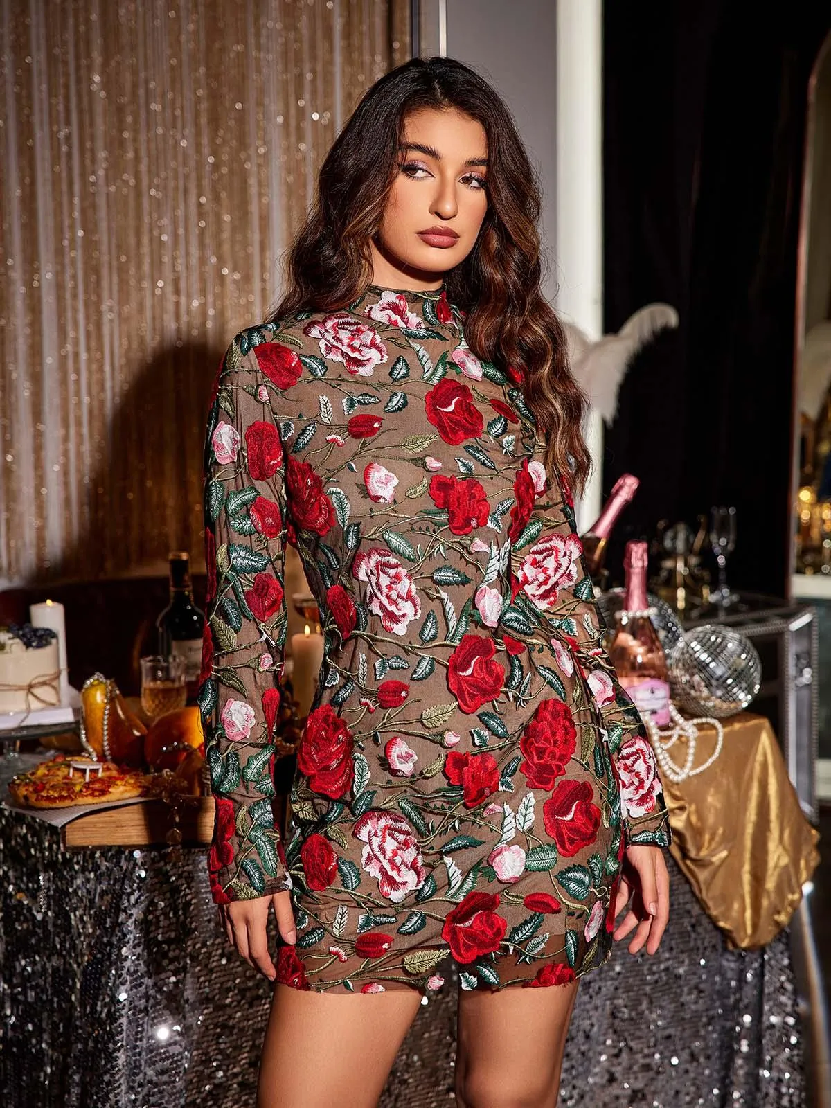 Saige Long Sleeve Rose Embroied Mini Dress In Black sold by Mew Mews product image thumbnail 3