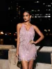 Fiadh Crystal Chain Fringe Mesh Mini Dress In Pink sold by Mew Mews