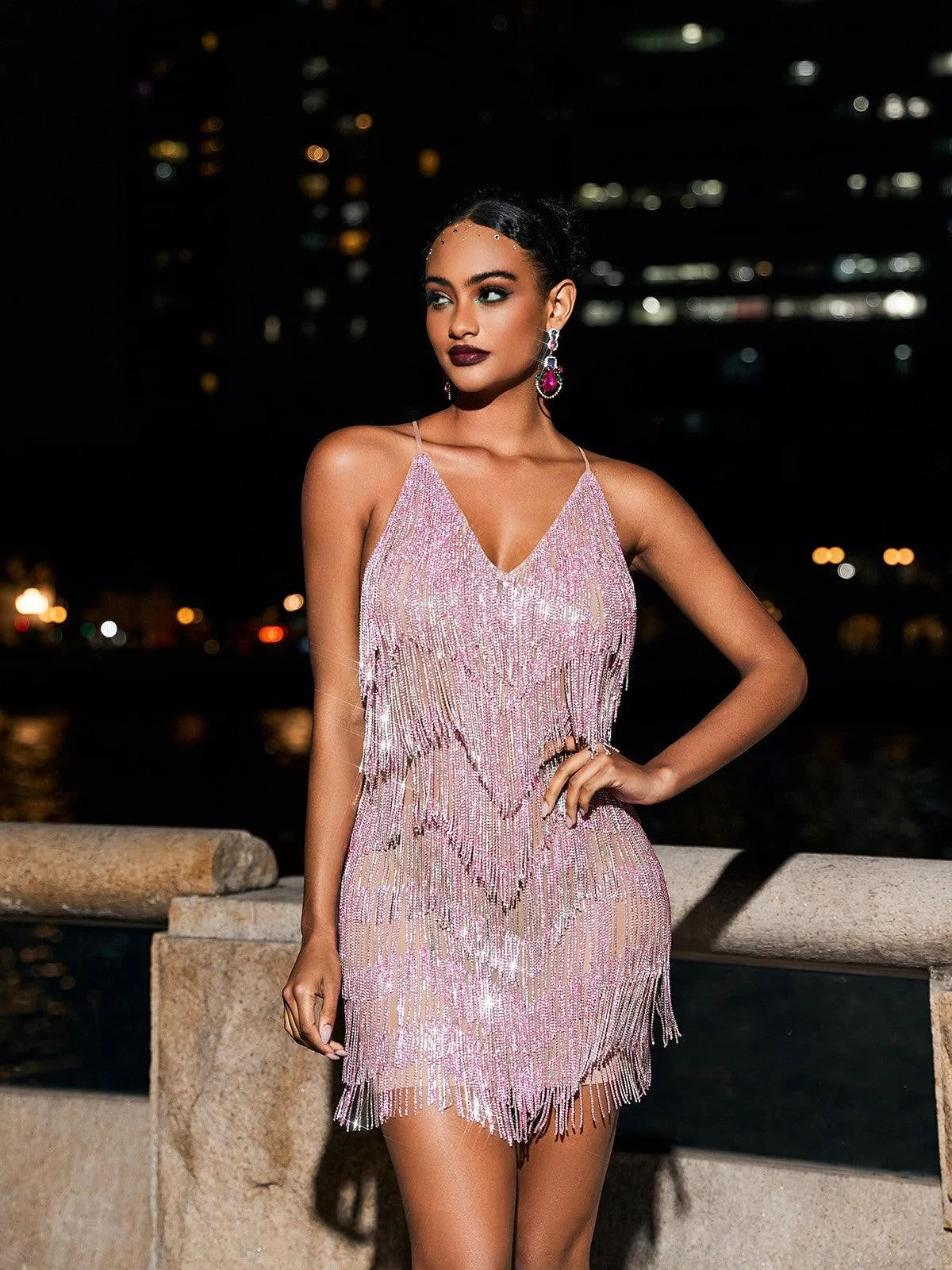 Fiadh Crystal Chain Fringe Mesh Mini Dress In Pink sold by Mew Mews product image thumbnail 4