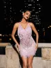 Fiadh Crystal Chain Fringe Mesh Mini Dress In Pink sold by Mew Mews