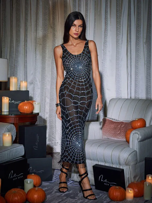 Calyx Scoop Neck Cobweb Sequin Midi Dress In Black made by Mew Mews