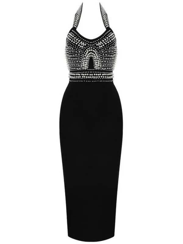 Isabella Halterneck Pearls Bandage Dress In Black sold by Mew Mews