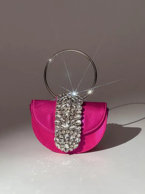 Dorothea Satin Crystal Clutch In Hot Pink sold by Mew Mews
