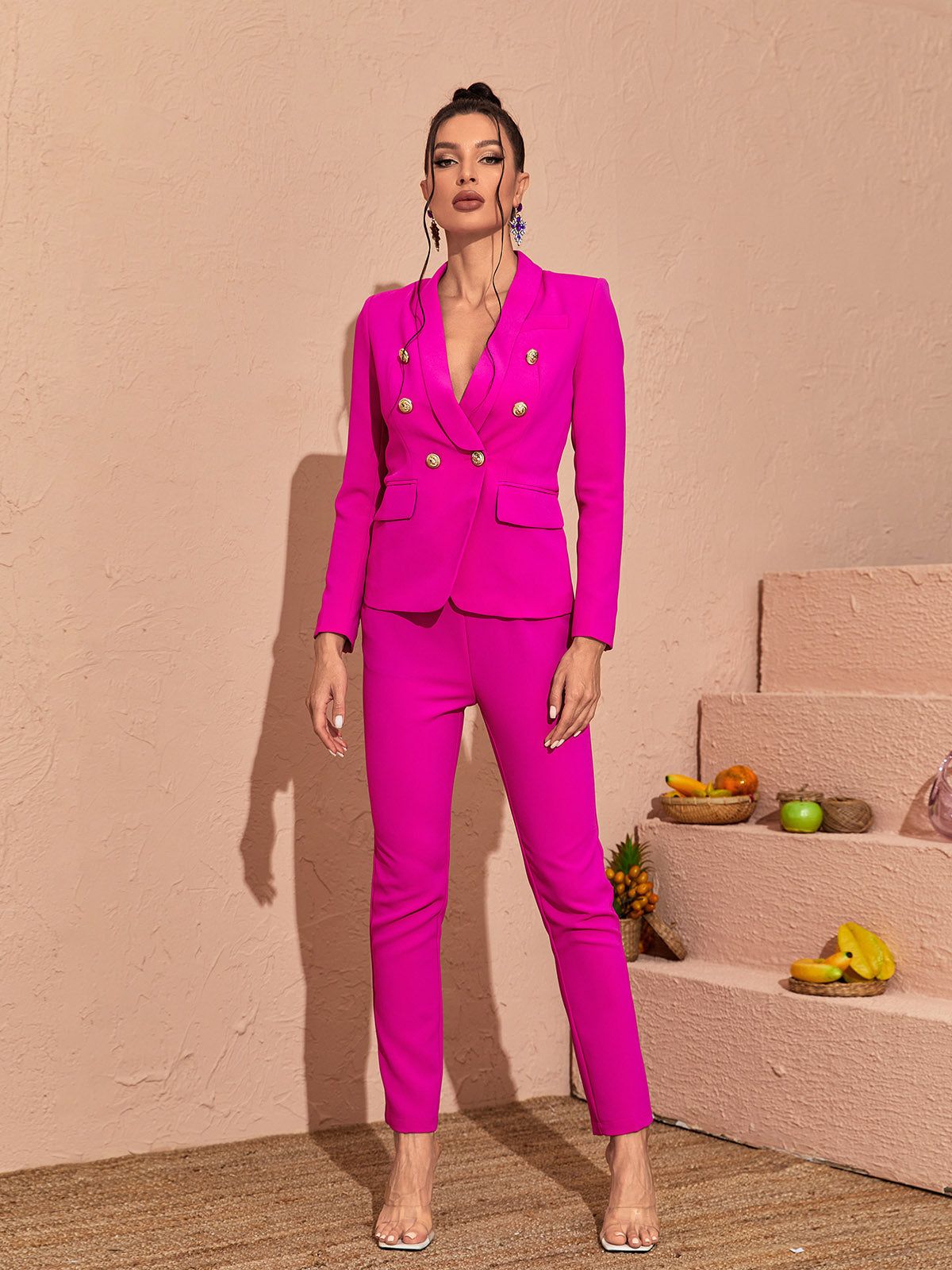 Elin V Neck Blazer Set In Hot Pink sold by Mew Mews