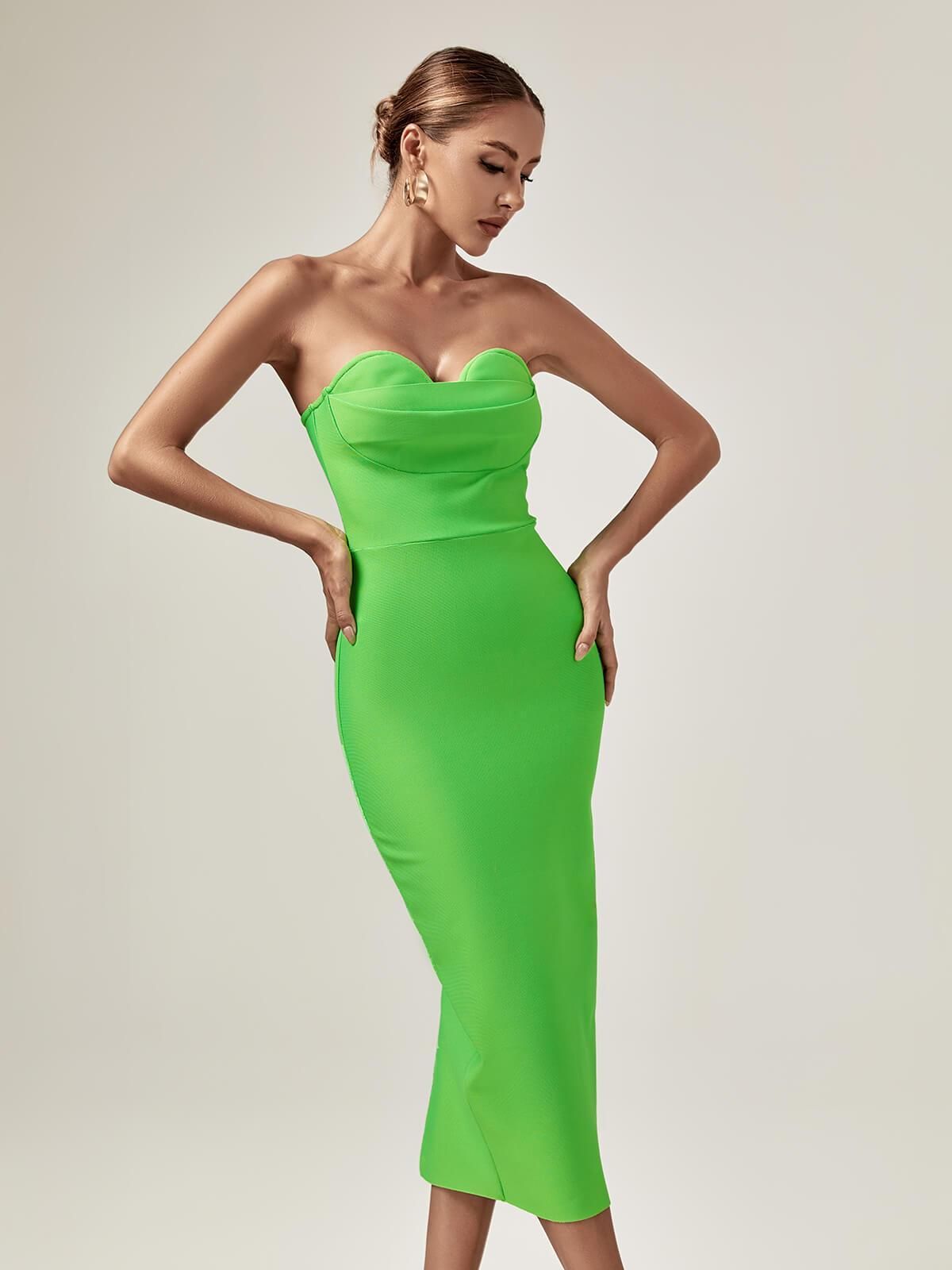 Paisleigh Strapless Ruched Bandage Dress In Green sold by Mew Mews product image thumbnail 3