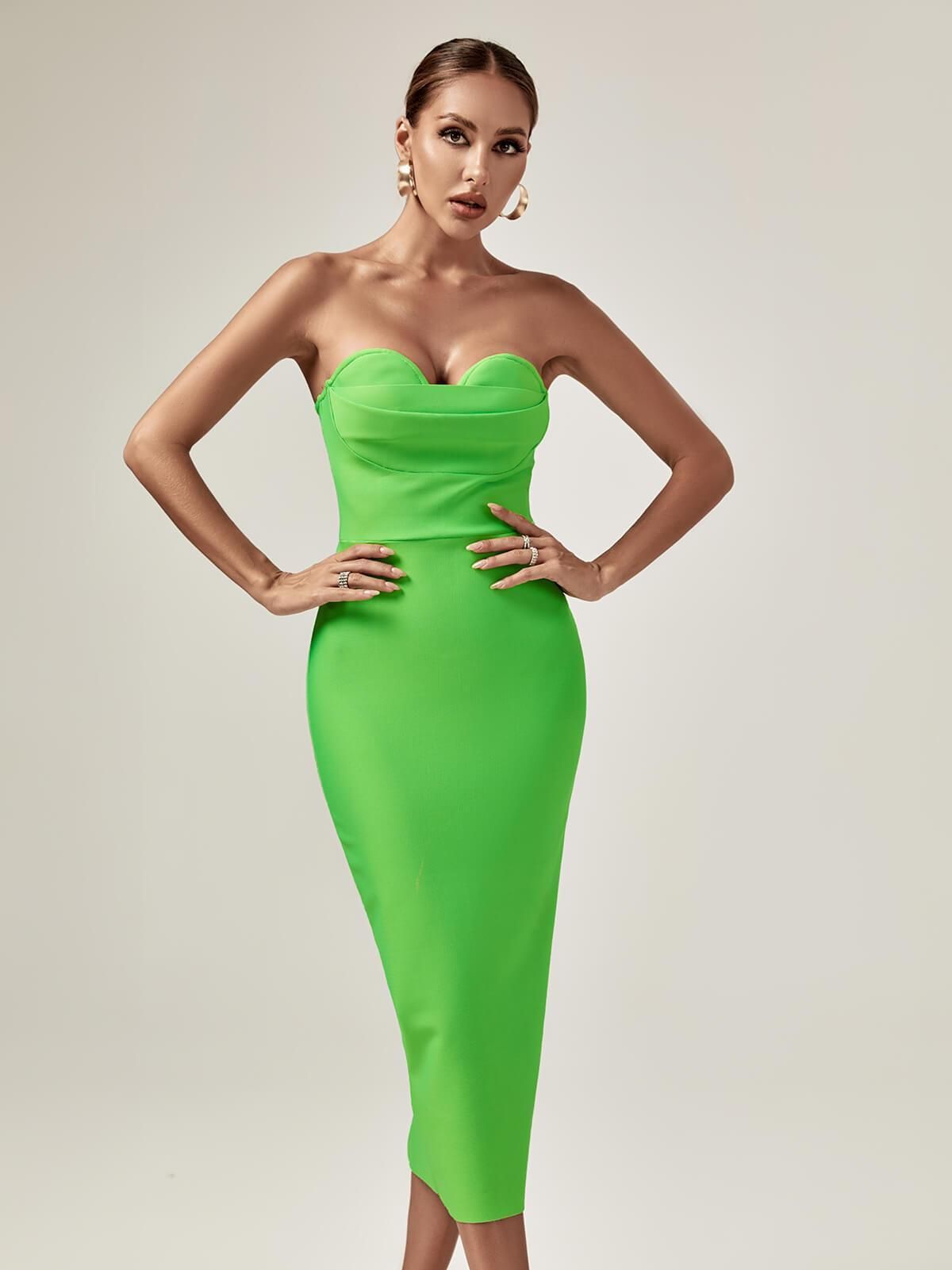 Paisleigh Strapless Ruched Bandage Dress In Green sold by Mew Mews product image thumbnail 2