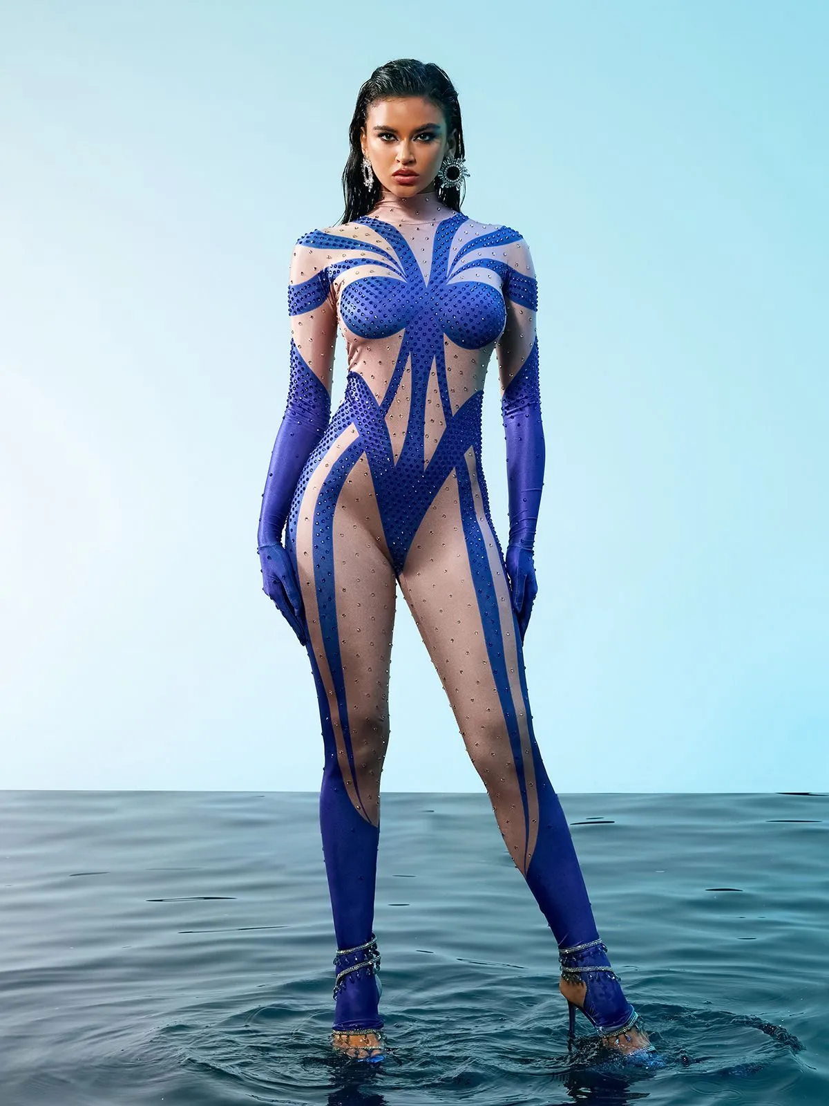Fabian Rhinestone Printed Gloves Jumpsuit In Blue sold by Mew Mews product image thumbnail 3