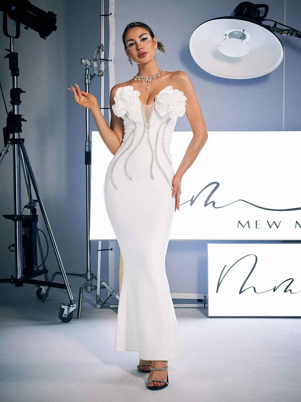 Musa Strapless Crystal Flower Bandage Dress In White sold by Mew Mews