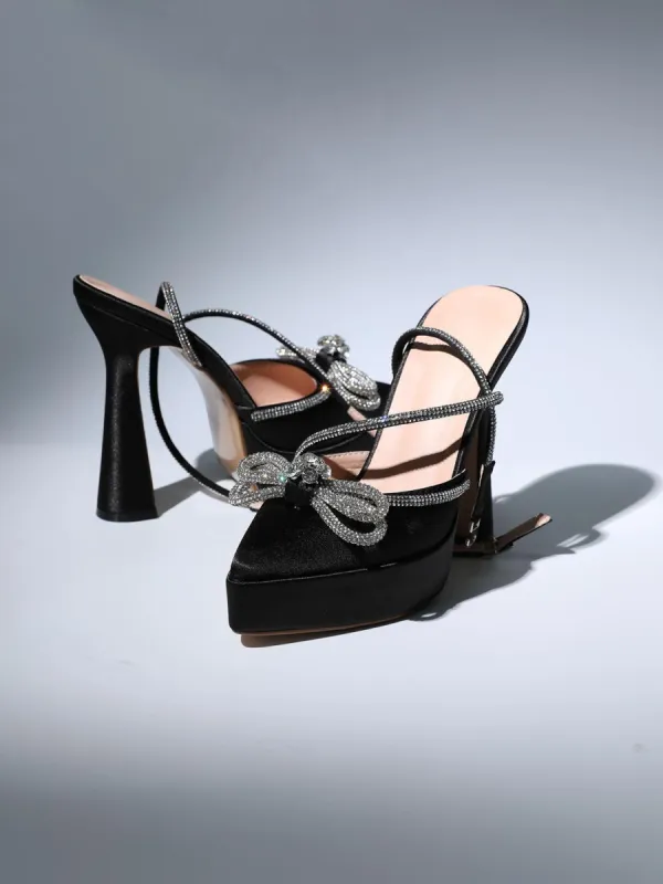 Anouk Bow Crystal Satin Heels In Black made by Mew Mews