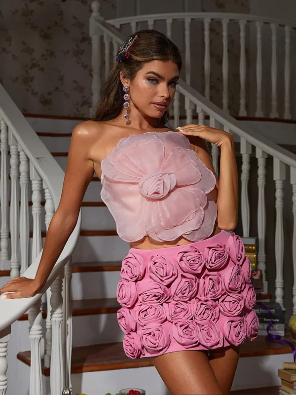 Alistair Strapless Flower Mesh Top In Pink sold by Mew Mews