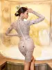 Grant Long Sleeve Rhinestone Mesh Mini Dress sold by Mew Mews
