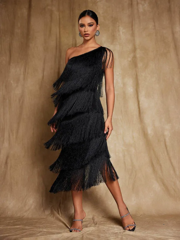 Stiorra One Shoulder Fringe Midi Dress sold by Mew Mews