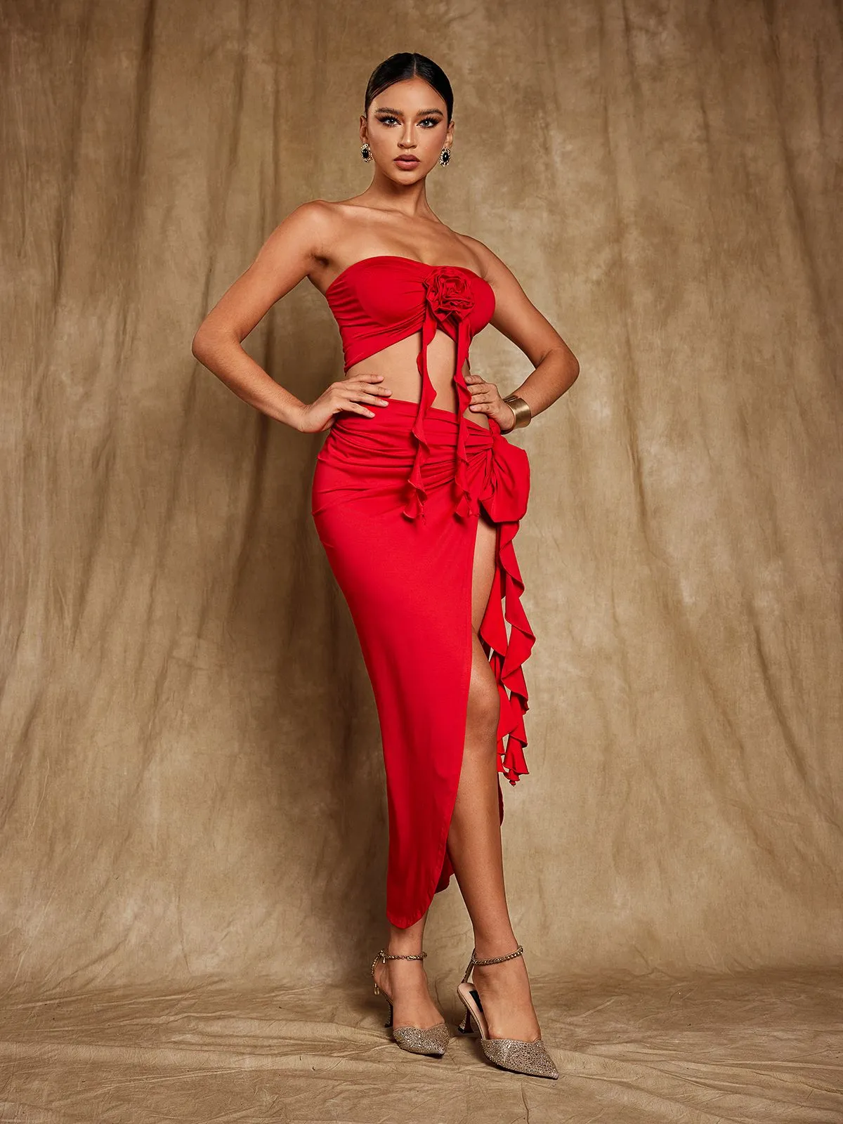 Arrietty Flower Draped Split Skirt Set In Red sold by Mew Mews product image thumbnail 5