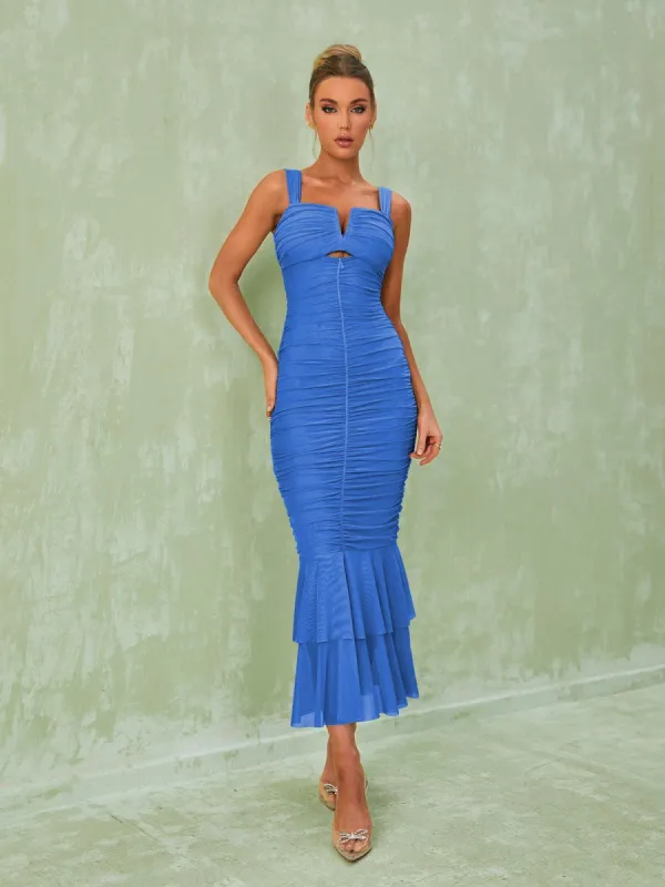 Eri Ruched Mesh Maxi Dress In Blue sold by Mew Mews