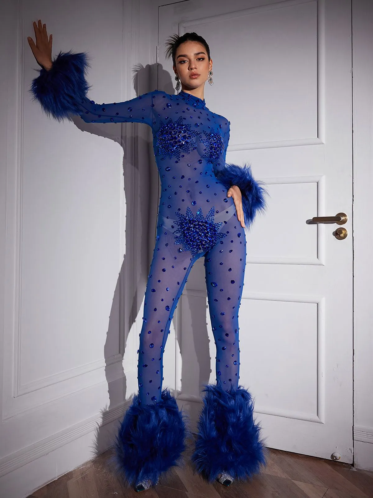 Shae Feather Trimmed Rhinestone Mesh Jumpsuit sold by Mew Mews